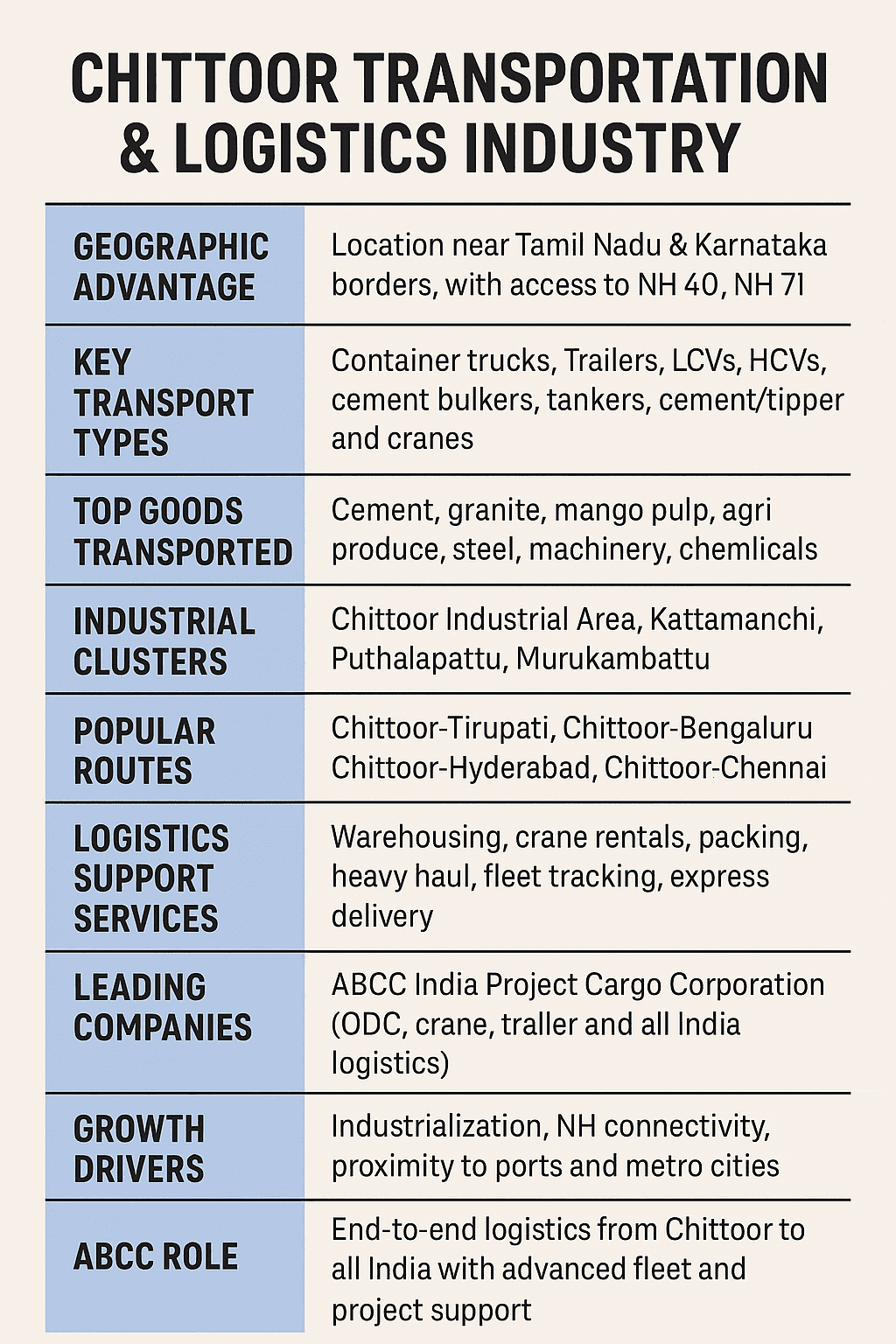 Chittoor Transportation Service and Logistics Industry