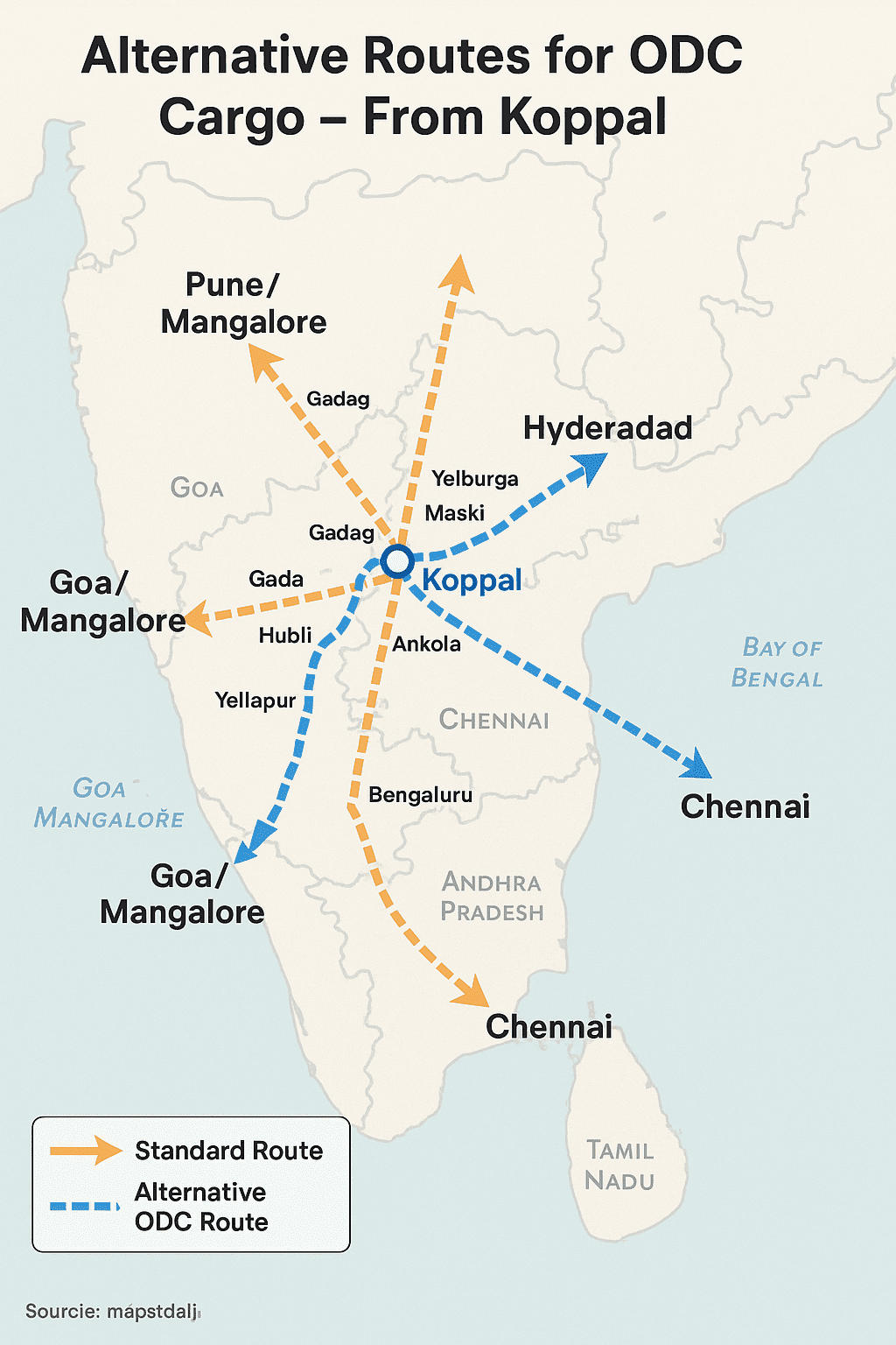 Alternative routes for odc cargo transportation Koppal 